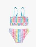 Çizgili Bikini Takımı Fırfırlı İnce Askılı 