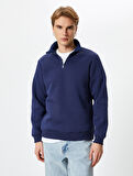 Yarım Fermuarlı Sweatshirt Basic Dik Yaka Ribanalı Uzun Kollu