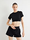 Spor Crop Tişört Slim Fit Kısa Kollu Bisiklet Yaka