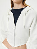 Crop Kapşonlu Sweatshirt Fermuarlı Asimetrik Kesim Üç İplik Şardonlu Slim Fit