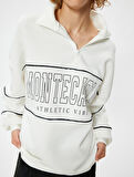 Oversize Sweatshirt Yarım Fermuarlı Kolej Baskılı Şardonlu