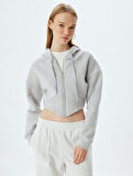 Crop Sweatshirt Kapüşonlu Fermuarlı Korse Detaylı Cepli Şardonlu