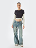 Crop Tişört Uzun Kollu Slim Fit Büzgülü Bisiklet Yaka