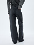 Bol Kot Pantolon Standart Bel Düğmeli Yıkamalı - Loose Straight Fit Jean