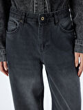 Bol Kot Pantolon Standart Bel Düğmeli Yıkamalı - Loose Straight Fit Jean