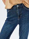 Yüksek Bel Kot Pantolon Düz Paça Düğmeli Cepli Pamuklu - Slim Straight Fit Jeans