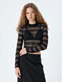 Dantel Crop Bluz Dik Yaka Uzun Kollu Slim Fit