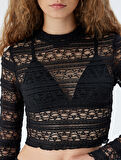 Dantel Crop Bluz Dik Yaka Uzun Kollu Slim Fit