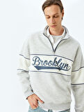 Oversize Sweatshirt Kolej Baskılı Yarım Fermuarlı Renk Bloklu Şardonlu Pamuk Karışımlı