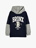Kapşonlu Sweatshirt Renk Bloklu Brooklyn Baskılı Uzun Kollu Şardonlu