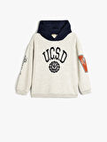 Kapşonlu Sweatshirt Baskılı Uzun Kollu Renk Bloklu