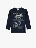 Tişört Dinozor Baskılı Uzun Kollu Bisiklet Yaka Pamuklu