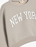 Crop Sweatshirt Oversize Slogan Baskılı Bisiklet Yaka Şardonlu Pamuk Karışımlı
