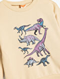 Dinozorlu Sweatshirt Uzun Kollu Bisiklet Yaka Pamuklu