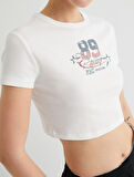 Slim Fit Crop Tişört Baskılı Kısa Kollu Bisiklet Yaka Pamuklu
