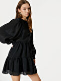 Balon Kol Mini Elbise Uzun Kollu Yuvarlak Yaka Astarlı Katlı