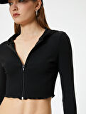 Crop Kapüşonlu Fermuarlı Hırka Uzun Kollu Slim Fit