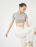 Spor Crop Yoga Tişört Slim Fit Asimetrik Kesim Kısa Kollu İnterlok