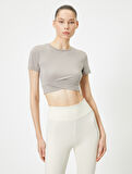 Spor Crop Yoga Tişört Slim Fit Asimetrik Kesim Kısa Kollu İnterlok