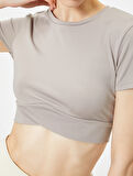 Spor Crop Yoga Tişört Slim Fit Asimetrik Kesim Kısa Kollu İnterlok