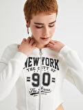 Crop Fermuarlı Kapüşonlu Sweatshirt Kolej Temalı Uzun Kollu Slim Fit 