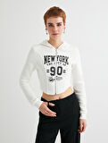 Crop Fermuarlı Kapüşonlu Sweatshirt Kolej Temalı Uzun Kollu Slim Fit 
