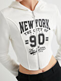 Crop Fermuarlı Kapüşonlu Sweatshirt Kolej Temalı Uzun Kollu Slim Fit 