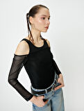 Çift Kumaş Kullanımlı Tül Tişört Uzun Kollu Slim Fit 