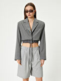 Crop Blazer Ceket Bel Detaylı Bağlamalı Kruvaze Ters Yaka 