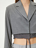 Crop Blazer Ceket Bel Detaylı Bağlamalı Kruvaze Ters Yaka 