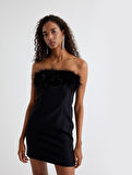 Tüylü Straplez Mini Elbise Vücuda Oturan Kalıp
