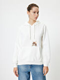 Oversize Kapüşonlu Sweatshirt Cep Detaylı Kedi Nakışlı