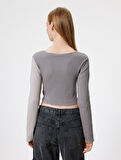 Crop Tişört Uzun Kollu Kaşkorse Renk Bloklu Nervürlü Slim Fit