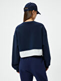 Crop Sweatshirt Çift Kumaş Detaylı Renk Kontrastlı Bisiklet Yaka