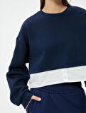Crop Sweatshirt Çift Kumaş Detaylı Renk Kontrastlı Bisiklet Yaka
