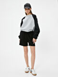Crop Sweatshirt Renk Bloklu Beli Ayarlanabilir Lastikli Bisiklet Yaka