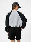 Crop Sweatshirt Renk Bloklu Beli Ayarlanabilir Lastikli Bisiklet Yaka