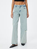 Düz Bol Paça Düşük Bel Kot Pantolon Yıpratılmış Cepli Pamuklu - Loose Straight Jeans