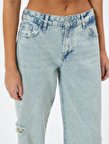 Düz Bol Paça Düşük Bel Kot Pantolon Yıpratılmış Cepli Pamuklu - Loose Straight Jeans