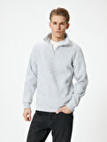 Yarım Fermuarlı Sweatshirt Basic Dik Yaka Ribanalı Uzun Kollu