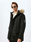 Anorak Mont Suni Kürk Detaylı Kapşonlu Slim Fit Fermuarlı