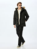 Anorak Mont Suni Kürk Detaylı Kapşonlu Slim Fit Fermuarlı