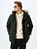 Anorak Mont Suni Kürk Detaylı Kapşonlu Slim Fit Fermuarlı