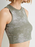 Crop Atlet Halter Yaka Metalik Sim Baskılı Fitilli
