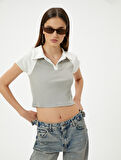 Crop Polo Yaka Tişört Renk Bloklu Kısa Kollu Viskoz Kumaş Slim Fit