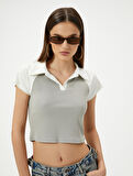 Crop Polo Yaka Tişört Renk Bloklu Kısa Kollu Viskoz Kumaş Slim Fit
