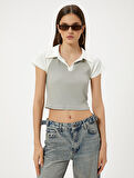 Crop Polo Yaka Tişört Renk Bloklu Kısa Kollu Viskoz Kumaş Slim Fit
