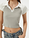 Crop Polo Yaka Tişört Renk Bloklu Kısa Kollu Viskoz Kumaş Slim Fit