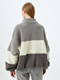 Peluş Sweatshirt Oversize Yarım Fermuarlı Kolej Nakışlı Renk Bloklu