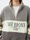 Peluş Sweatshirt Oversize Yarım Fermuarlı Kolej Nakışlı Renk Bloklu